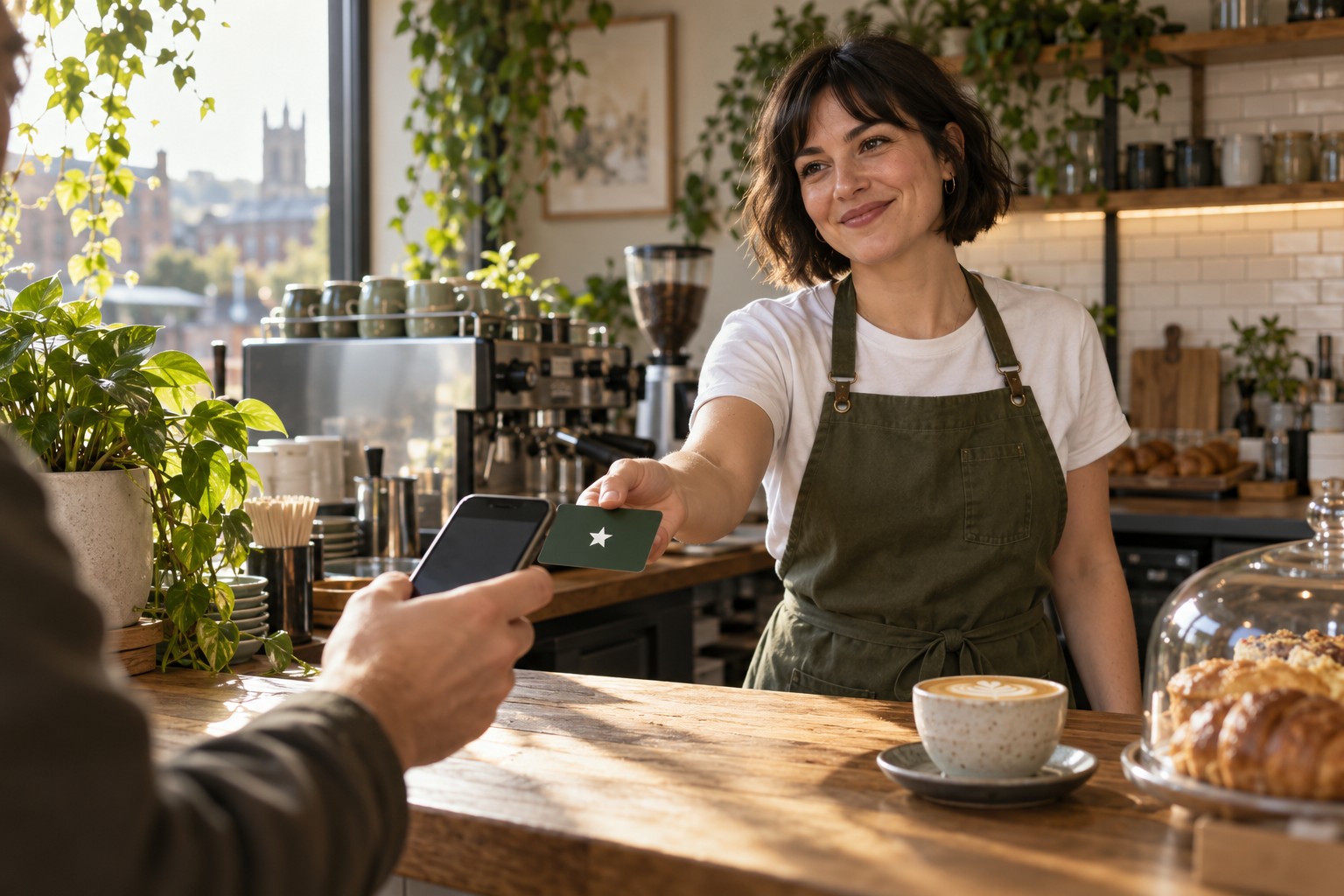 Illustration of a café owner offering a tap-to-review card to a customer